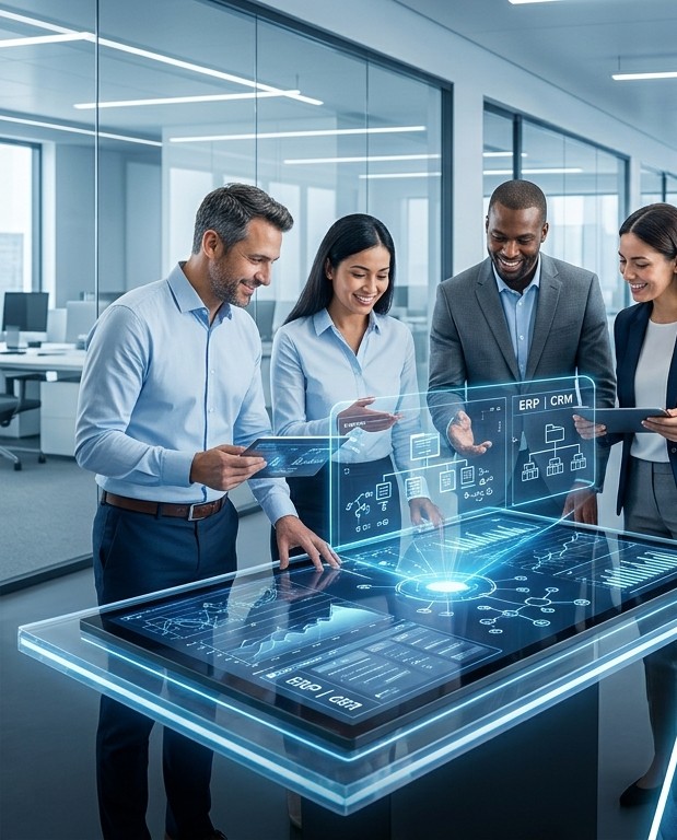 Team interacting with a holographic ERP/CRM interface
