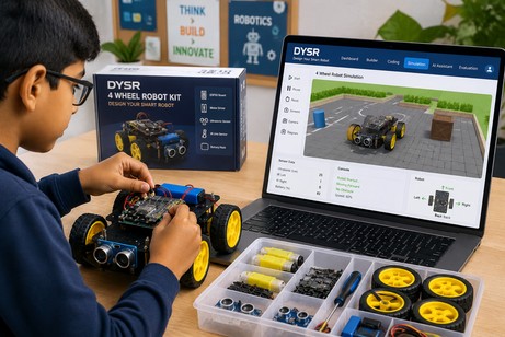 Student assembling a 4-wheel robot kit