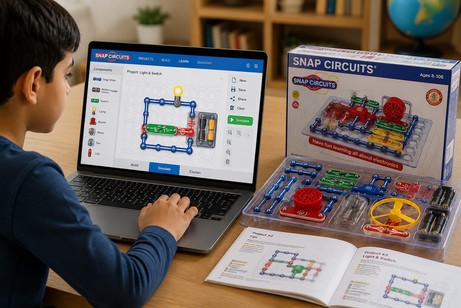 Student learning electronics with a snap circuits kit