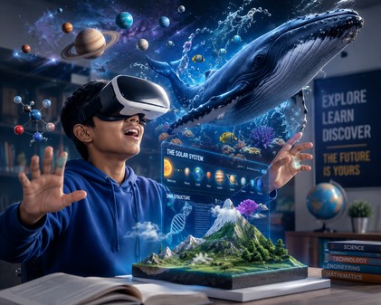 Student exploring the solar system in VR